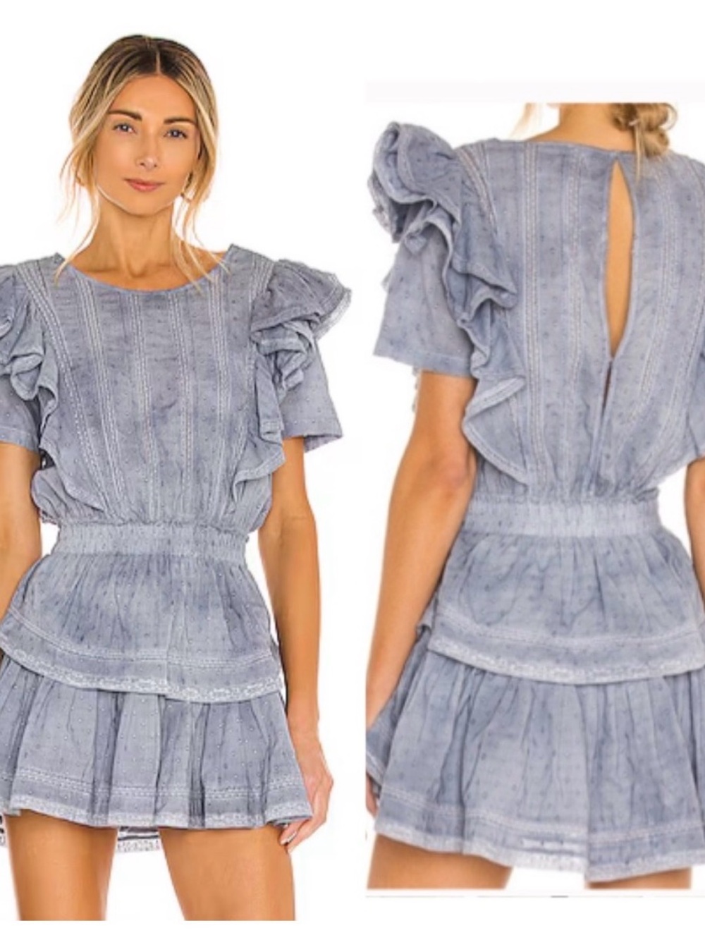 LoveShackFancy Natasha Dusty Blue Ruffled Mini Dress